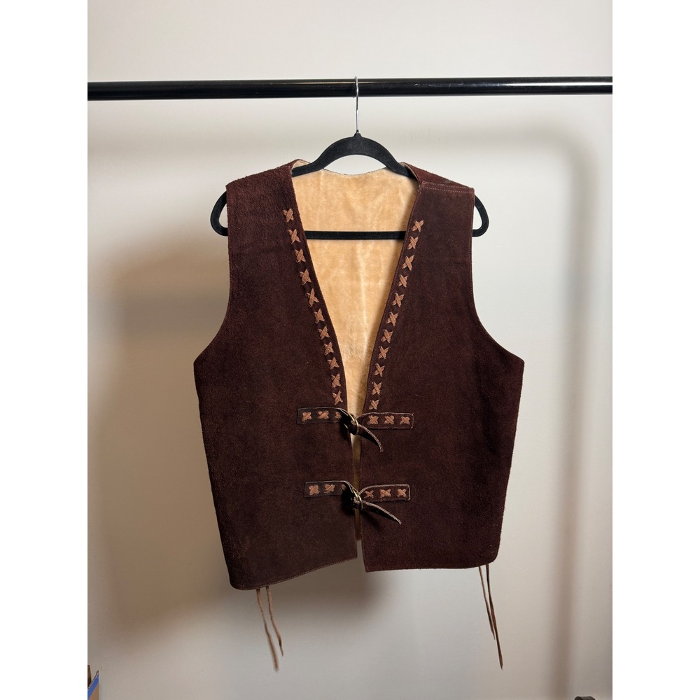 Vintage Brown Suede Leather Vest Faux Fur Lined Western Boho Buckle Front Mens